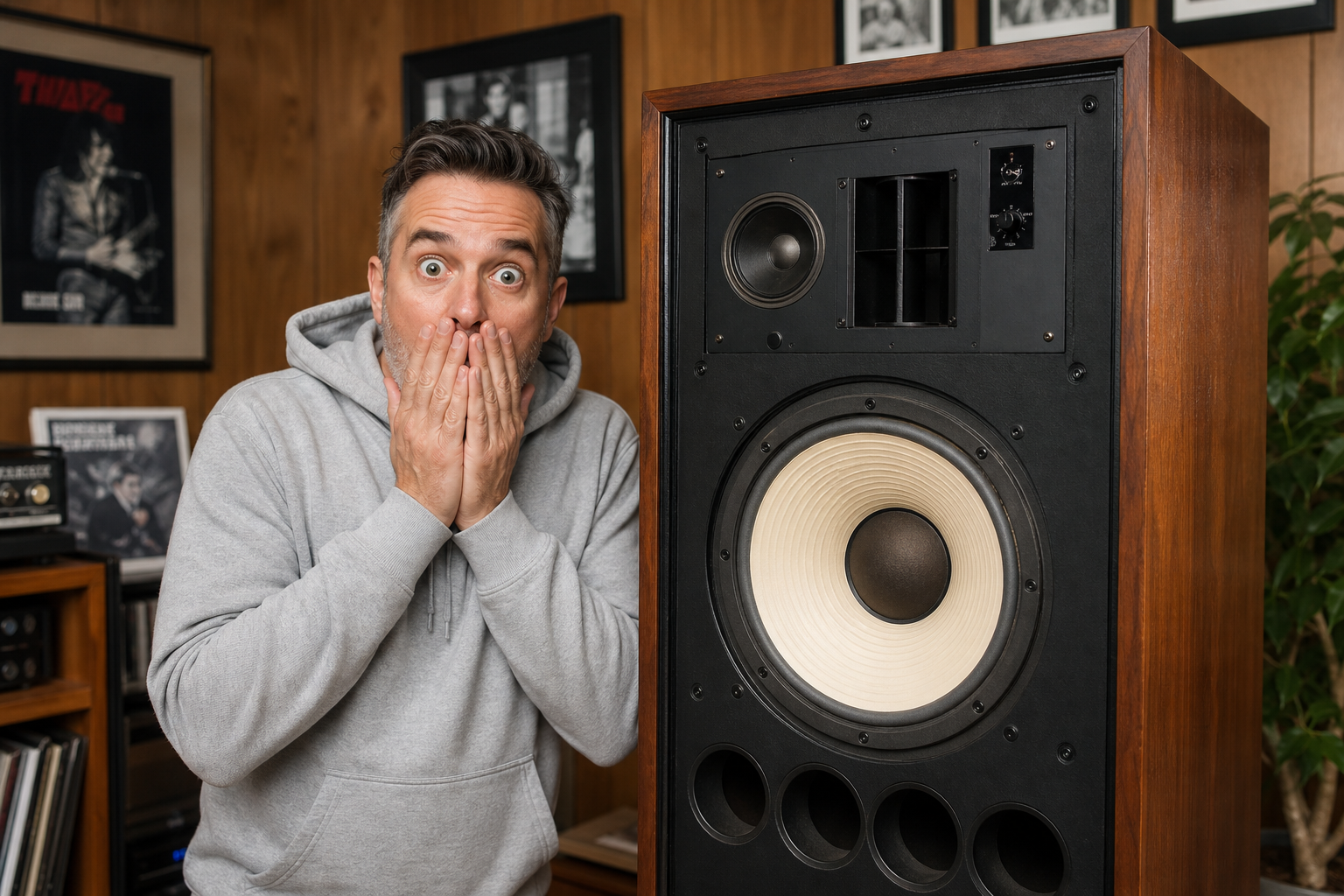 Man shocked next to a speaker